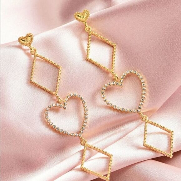 Gold Geometric Rhinestone Drop Earrings - Picture 2 of 2